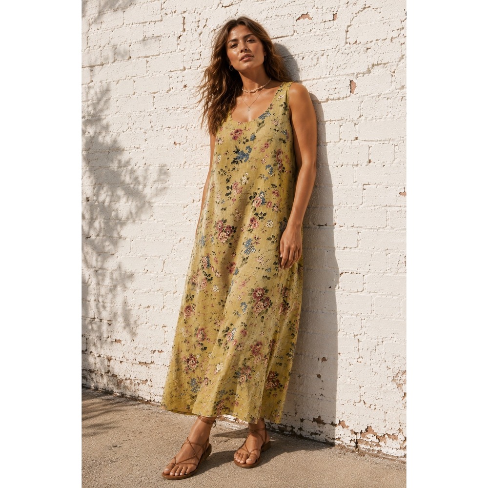 Vintage TY Wear Yellow Linen Floral Sleeveless Maxi Shift Sun Dress Teacher  16